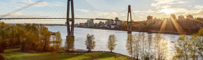 An image of a sunny park overlooking the river and the Sky Bridge